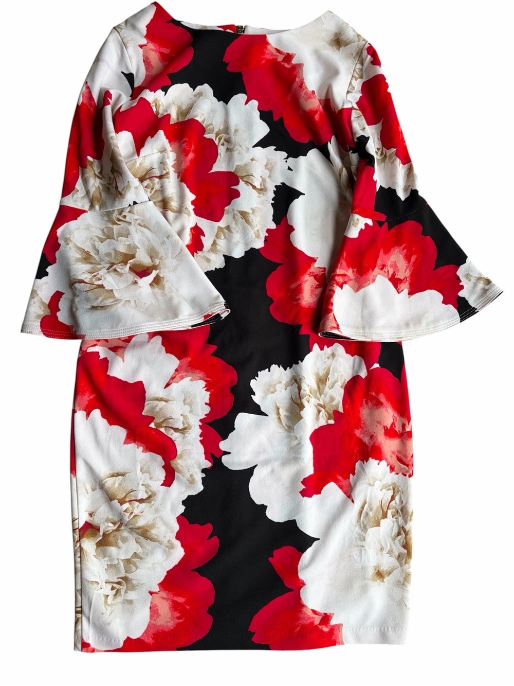 Roz & Ali | Red, White & Black Floral Bell-Sleeve Dress